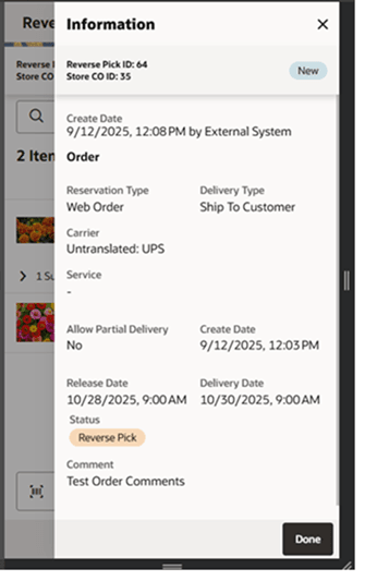 This image shows the Reverse Pick Info popup.