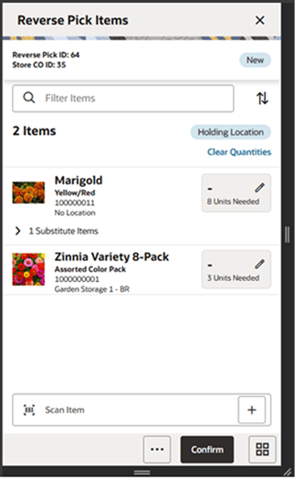 This image shows the Reverse Pick Item Detail screen.