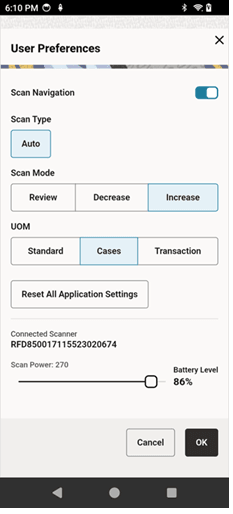 User Preferences screen