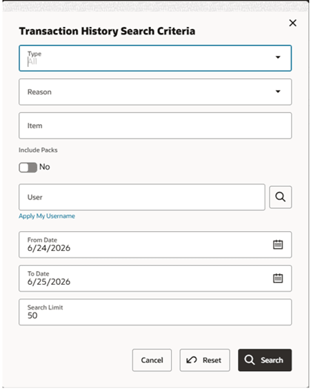 Transaction History Search Criteria screen