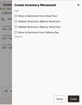 This image shows the Create Inventory Movement screen.
