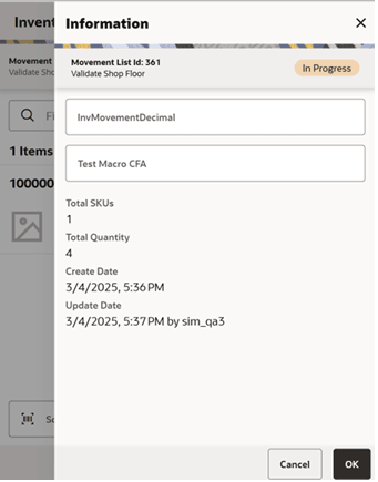 This image shows the Inventory Movement Information screen.