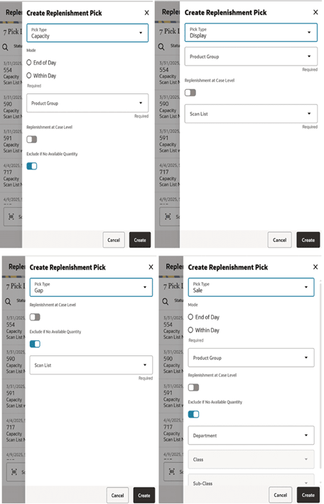 This image shows the Create Replenishment Pick screen.