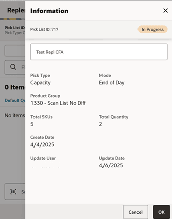 This image shows the Replenishment Pick Lists Information screen.