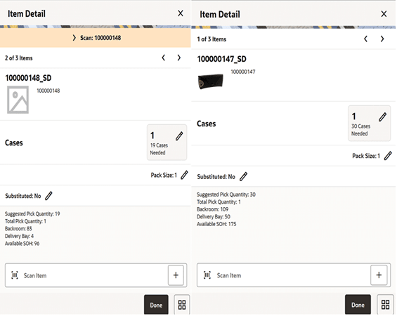 This image shows the Replenishment Pick Item Detail screen.