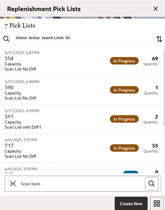 This image shows the Replenishment Pick Lists screen.
