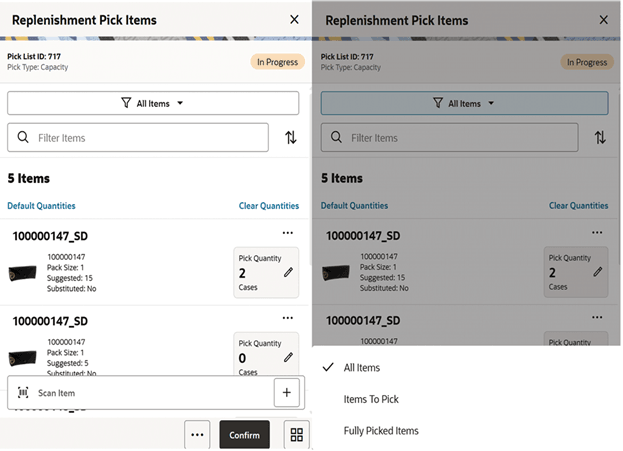 This image shows the Replenishment Pick Lists screen.