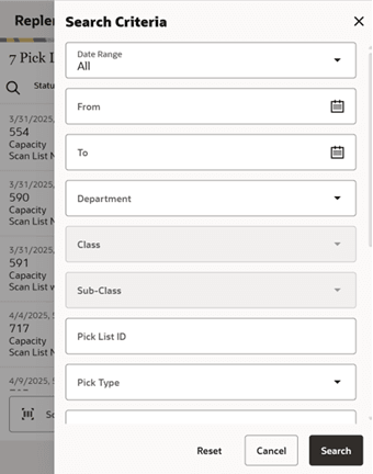 This image shows the Replenishment Pick Lists Search Criteria screen.