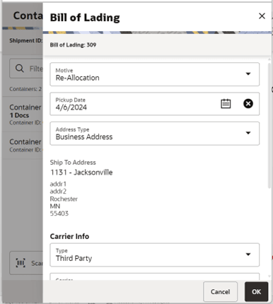 Bill of Lading Screen