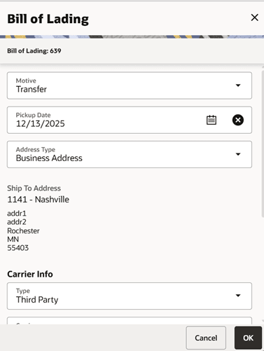 Bill of Lading Screen
