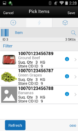 Pick Items Screen Pick Items Screen