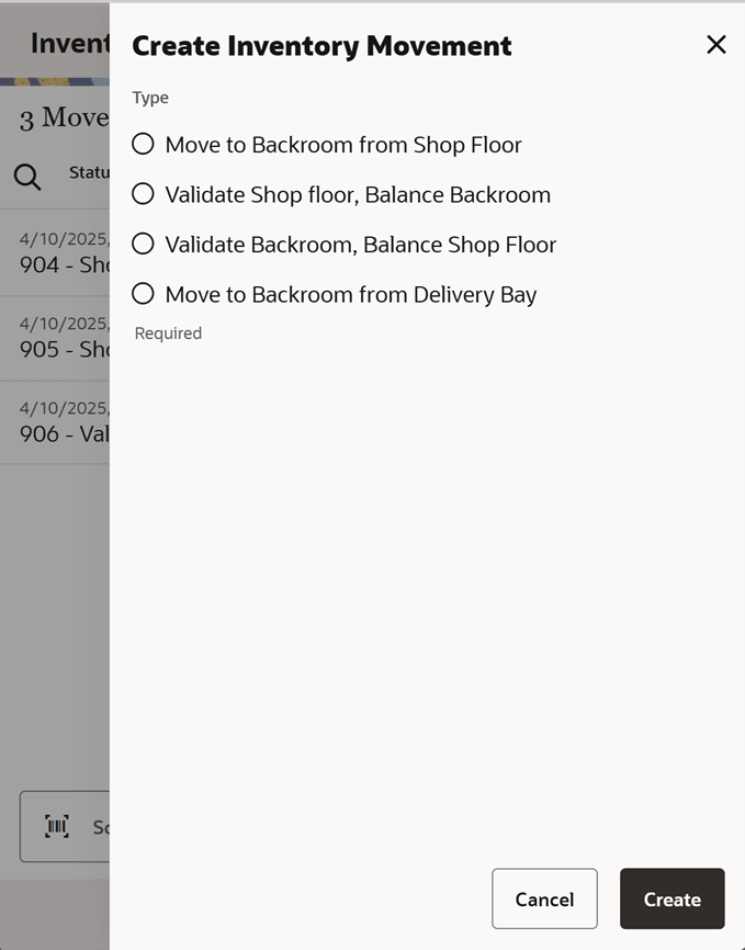 Create Inventory Movement Screen Create Inventory Movement Screen