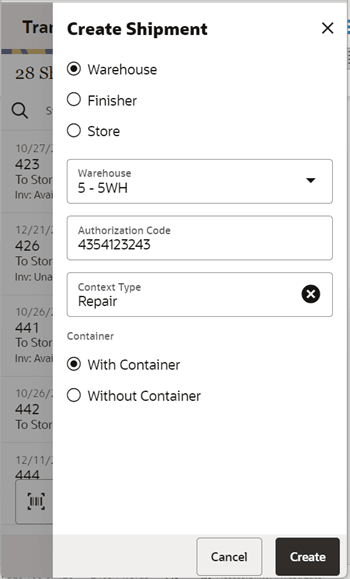 Create Shipment to a warehouse