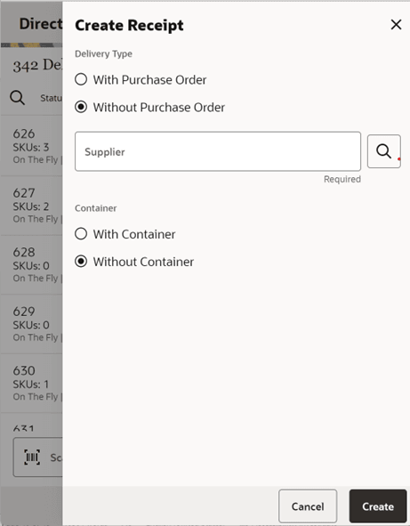 Create Receipt Screen (Without Purchase Order)
