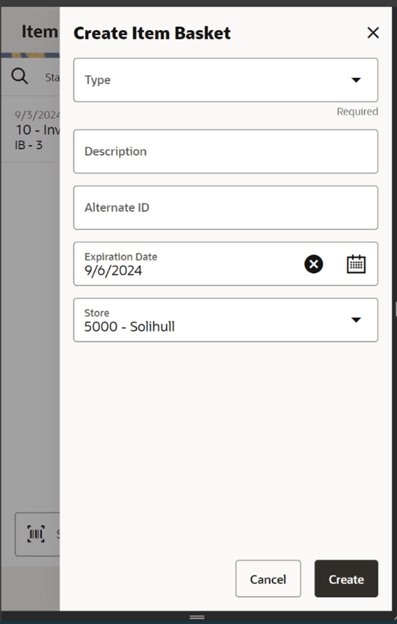 Create Item Basket Screen