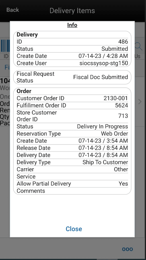 Info (Customer Order Deliveries) Popup Info (Customer Order Deliveries) Popup