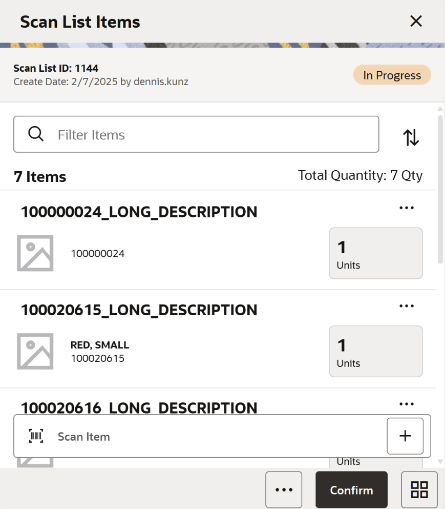 Scan List Items screen Scan List Items screen