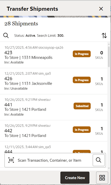 Transfer Shipments Screen