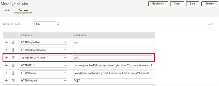 Screen capture showing the Sender Security Type parameter set to "CIM" on the Context tab of the Message Sender portal.