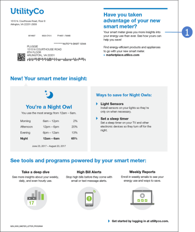 Image of print engagement AMIl Customer Education Report that highlights the smart meter insight that shows customers the time of day when they used the most energy.