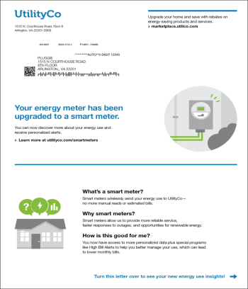 The front page of the report includes a header and footer, custom marketing module, and smart meter FAQs.