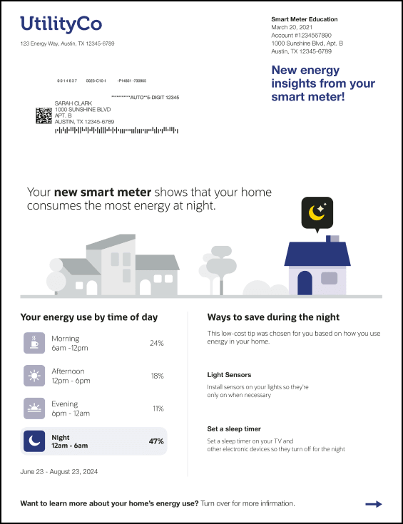 This image shows an example of the front page of the print Engagement Report for residential customers.