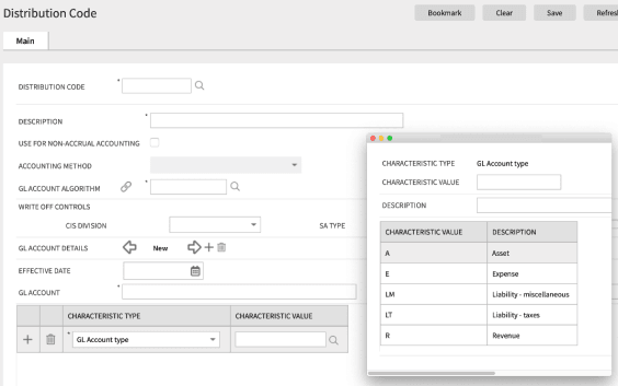Example of searching for the characteristic value for a distribution code, with options to select a defined characteristic value
