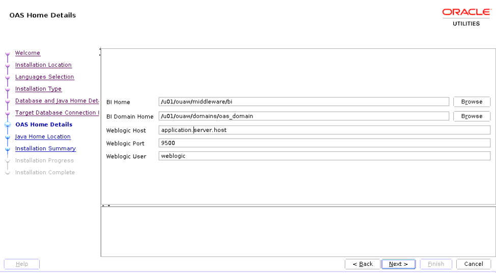 OAS Home Details page where the user is to provide the BI directories, and the weblogic details.