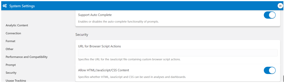 Security section on System Settings page.