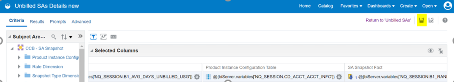 Unbilled SAs Details new page. The save icon is located on the top right corner.