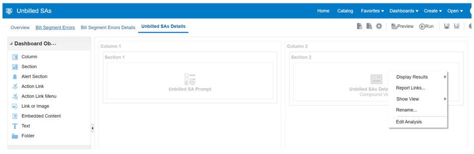 Unbilled SAs page, Unbilled SAs Details tab. Click the XYZ option that appears in the section two box to get to Edit Analysis, which is the fifth option from top to bottom.