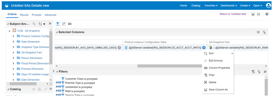 Unbilled SAs Details new page, Criteria tab, Selected Columns section.