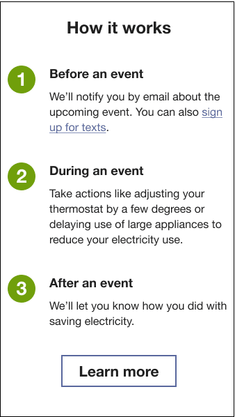 Image of text that explains in three steps how the program works. Below, there is a Learn more button.