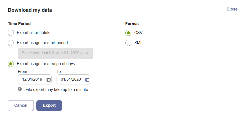 Green Button download, which alllows customers to download billing data. Options avialable for all bill totals or specific bill periods. Format options include CSV and XML.