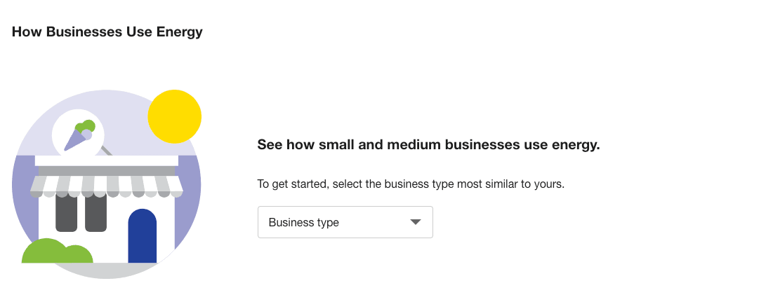 This screenshot shows an example of the business type selection menu for the How Businesses Use Energy feature.