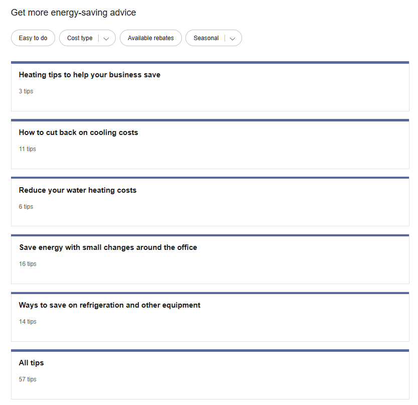 Example screenshot of the Ways to Save widget landing page, which includes collections energy saving tips displayed as tip guides. Customers can also view tips they have saved or completed.