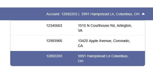 Example screenshot showing a dropdown menu with three account numbers and their associated addresses. The last account and address is highlighted in blue as the selected option.