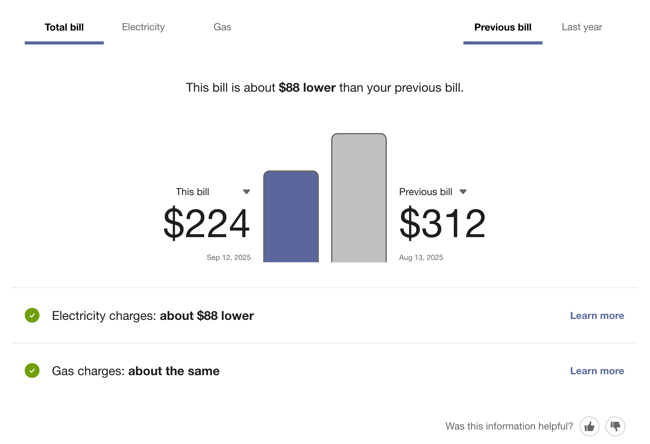 This screenshot shows an example of the bill comparison, including a bar graph and descriptive details that compare your current bill charges to a previous bill.