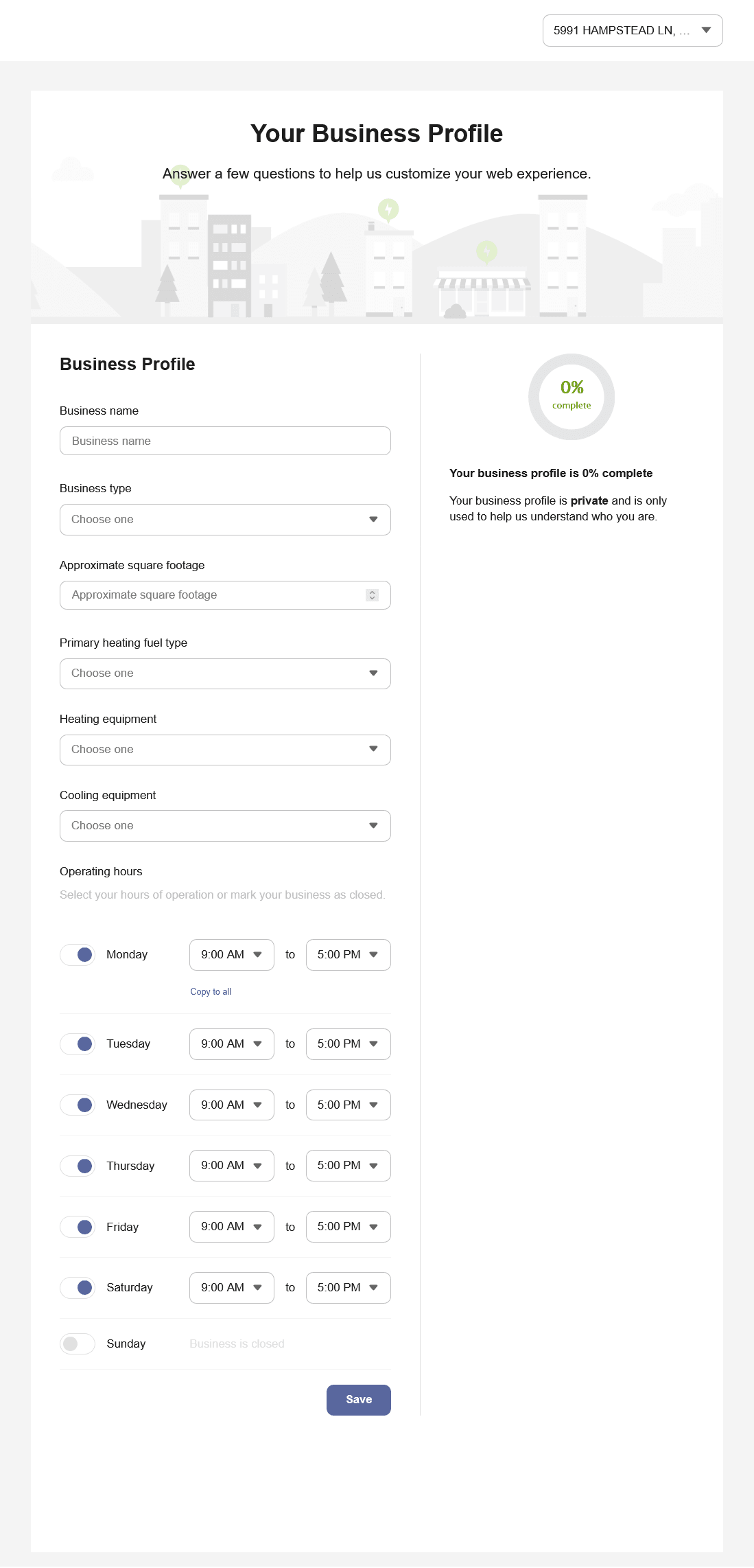 This image shows how the business profile looks when a customer has not started their profile.