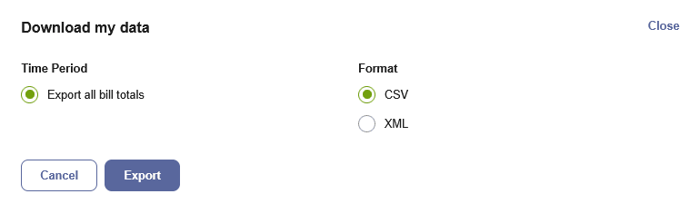 A screenshot of the Green Button - Download My Data feature for exporting billing data to CSV or XML format.
