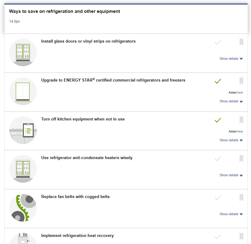 Example screenshot of a tip list within a tip guide, displaying energy-saving tips with checkmarks for completed actions and the option to view more details for each tip.