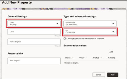 Add New Property window, where the user is to populate text fields.