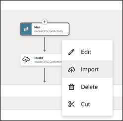 Oracle Integration Cloud detail. Here the options menu on the Map to invokeOFS is selected.