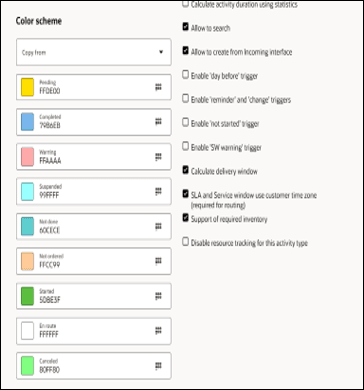 Activity type info, and color scheme on the right column, Features section on the right column.