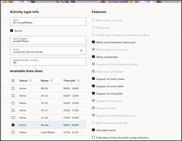 Activity type info, and color scheme on the right column, Features section on the right column.