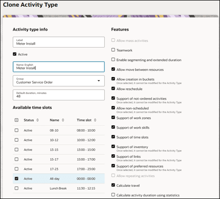 Activity type info, and color scheme on the right column, Features section on the right column.
