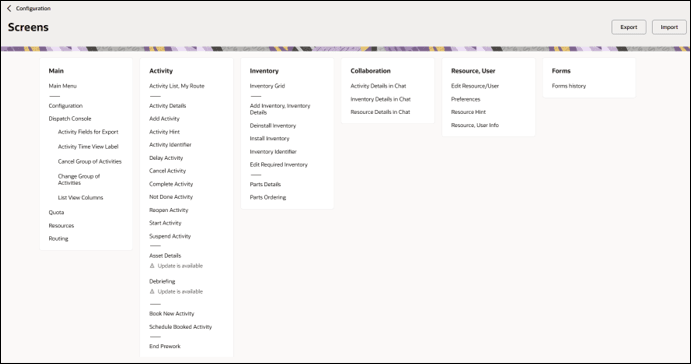 User Types page detail. Screen configuration is the second tab from left to right.