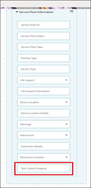 Service Point Details section. Here the Test Custom Property field is highlighted.