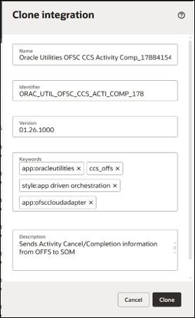 Clone Integration window. Name field is the first text field, and Identifier is the second.