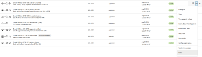 Oracle Integration Cloud page. The options menu is located on the upper right corner. Clone is the third option on this menu.